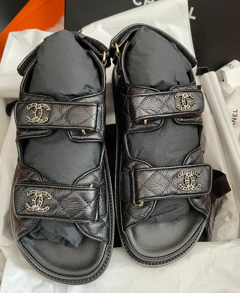 Chanel Caviar Leather CC 'Dad' Sandals (Black/Gold)