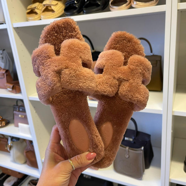 Hermès Shearling Woolskin Oran Sandals (Rose Aube)