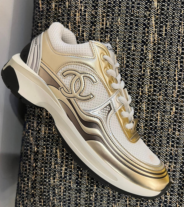 Chanel CC Logo Metallic Trainer (White/Gold/Silver)