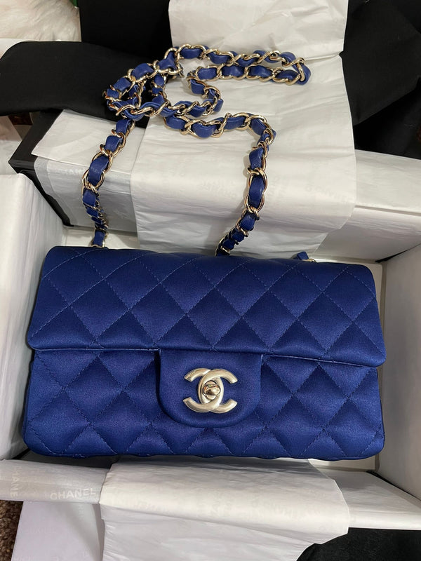 Chanel Mini Rectangular Flap Bag Satin Blue Light Gold Hardware