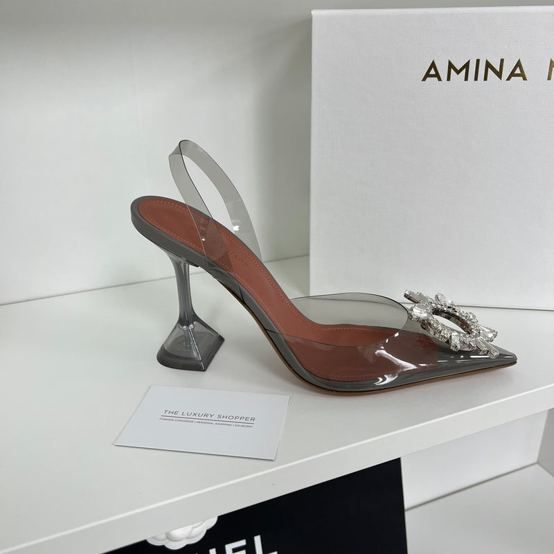 Amina Muaddi Begum Light Grey Crystal PVC Slingback Pumps
