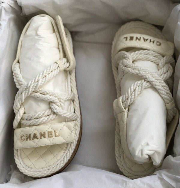 Chanel Cord & Lambskin Sandals (Ivory)