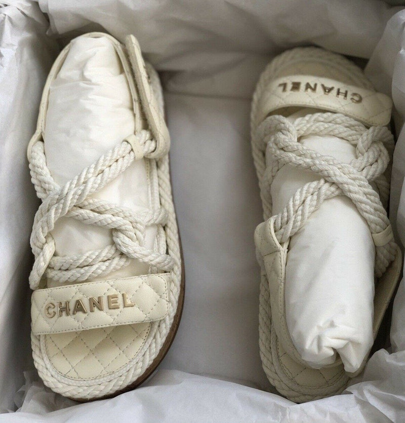 Chanel Cord & Lambskin Sandals (Ivory)