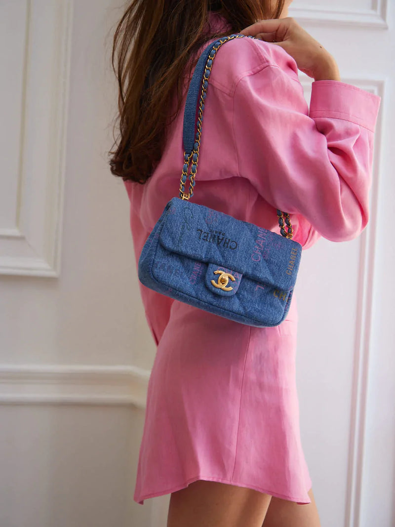 Chanel Mini Denim Rectangle Signature Print Flap Bag