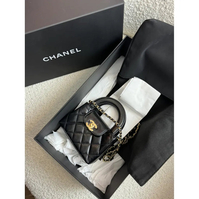 Chanel Kelly Shopping Bag Shiny Aged Calfskin & Gold Hardware Black (Nano)