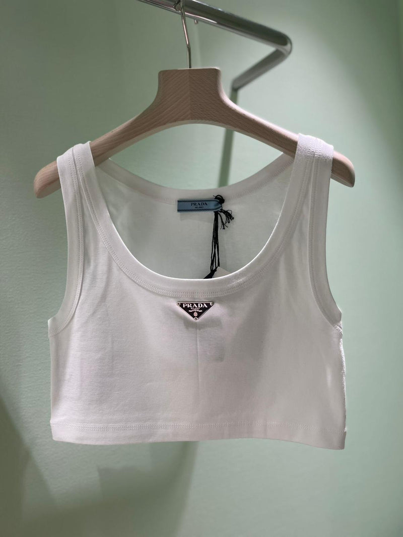 Prada Logo Cotton Crop Top (White)