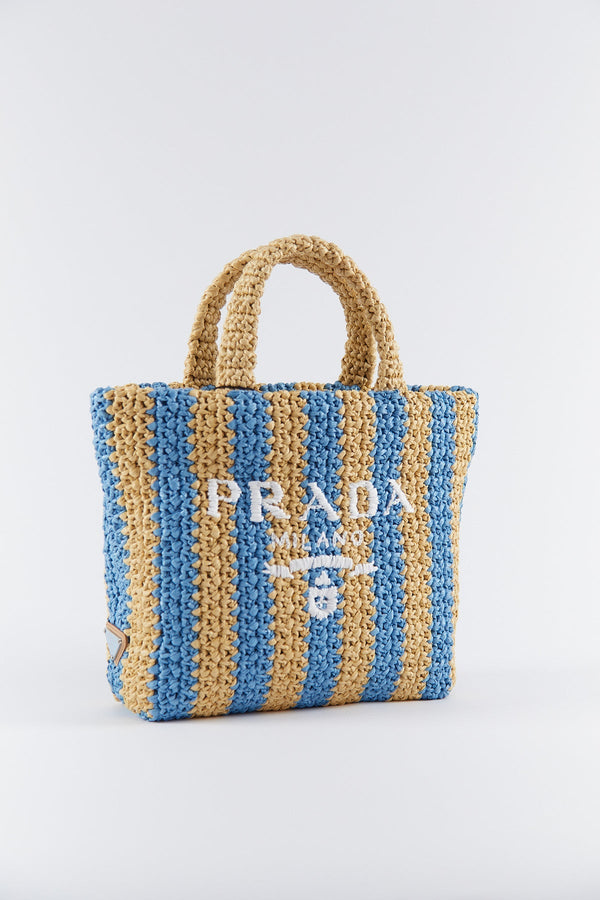 Prada Small Raffia Striped Tote Bag (Tan/Blue)
