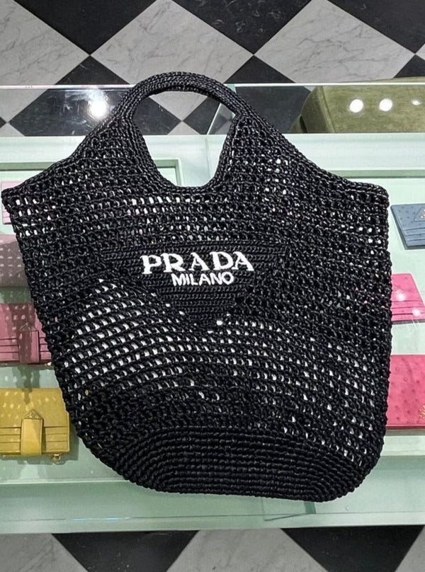 Prada Raffia Basket Tote Bag (Black)