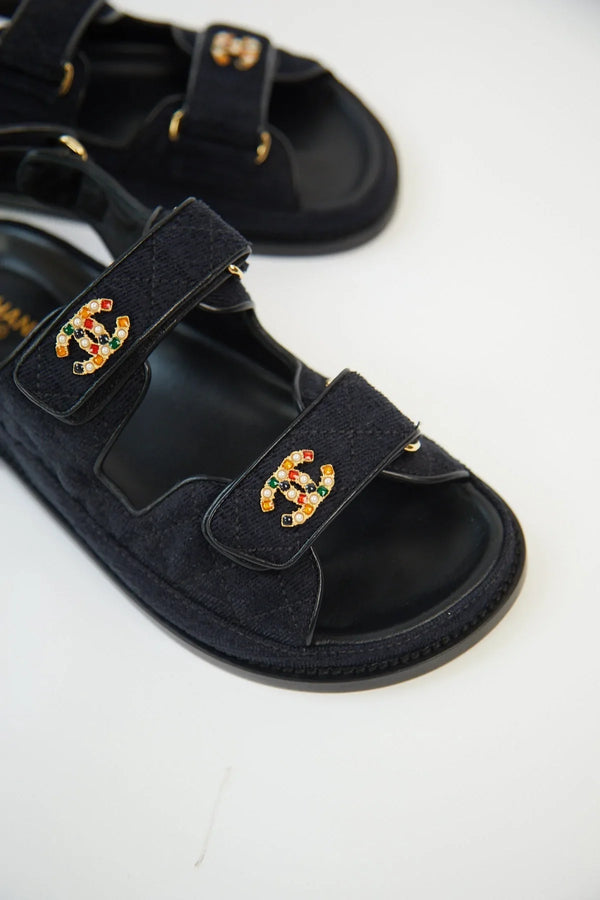Chanel Velvet CC 'Dad' Sandals Navy