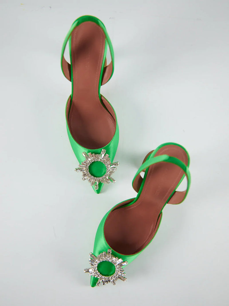 Amina Muaddi Begum Crystal Satin Green Slingback Pumps