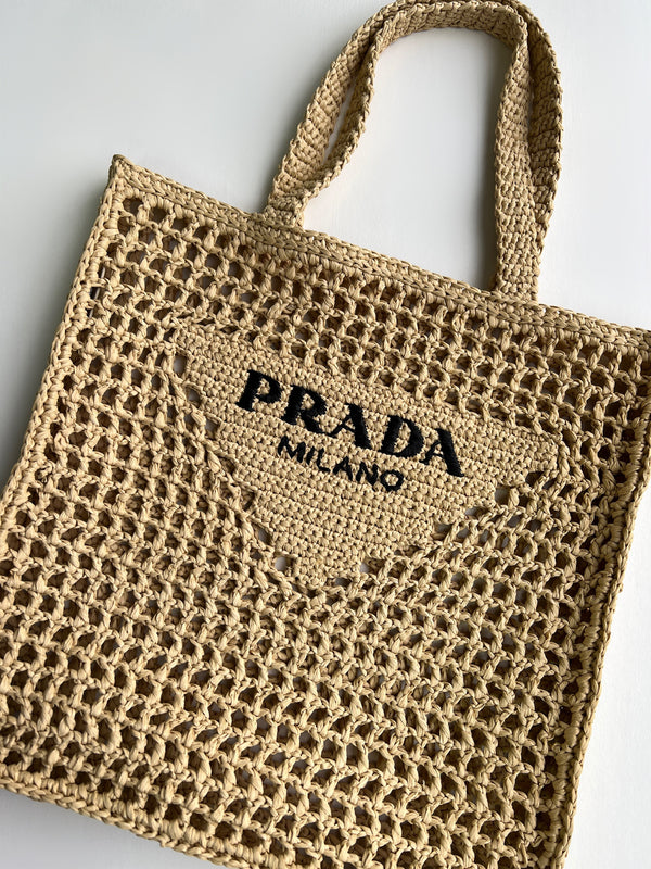 Prada Raffia Tote Bag (Tan)